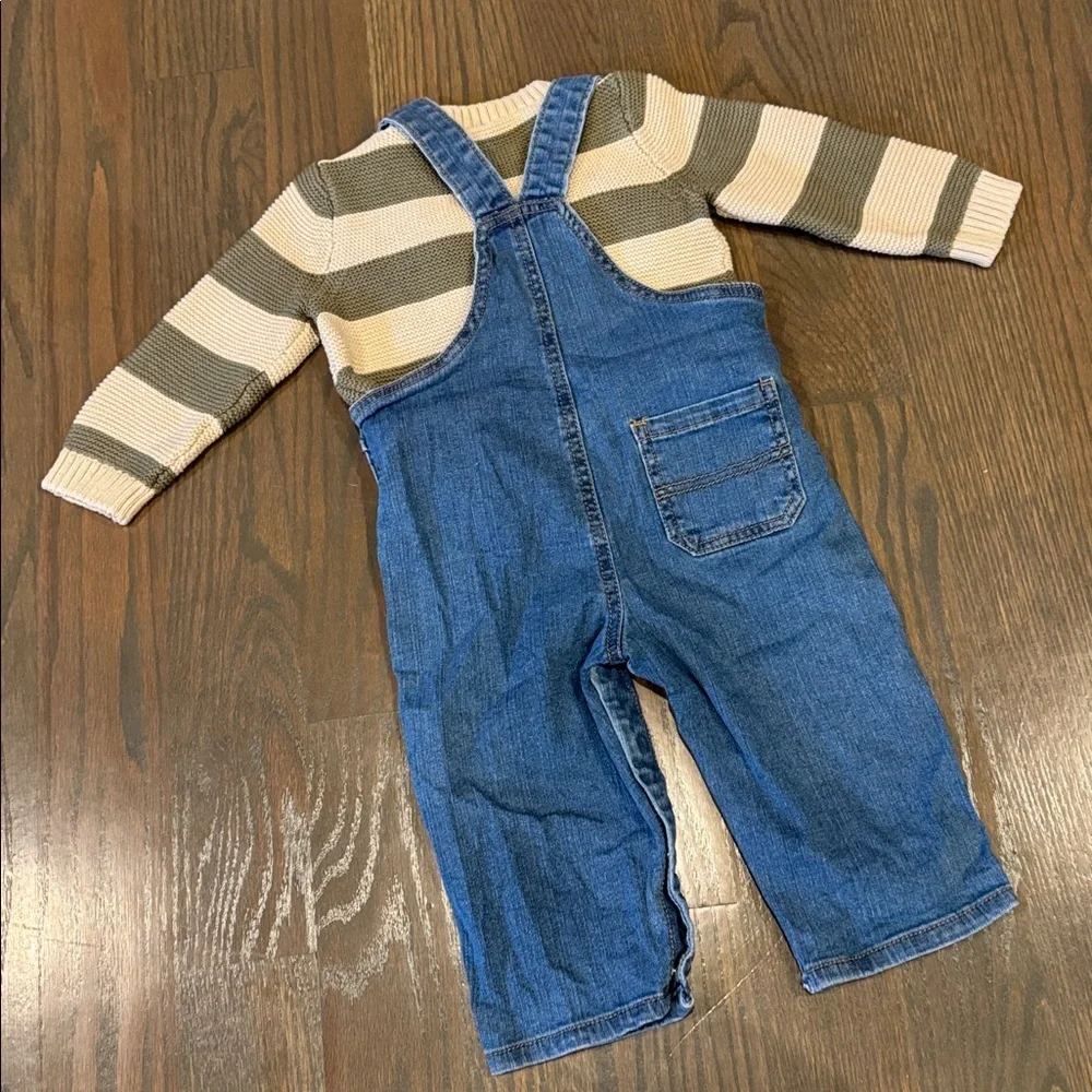 Carter’s Green & Cream Striped Sweater & Denim Overalls Set | 18M